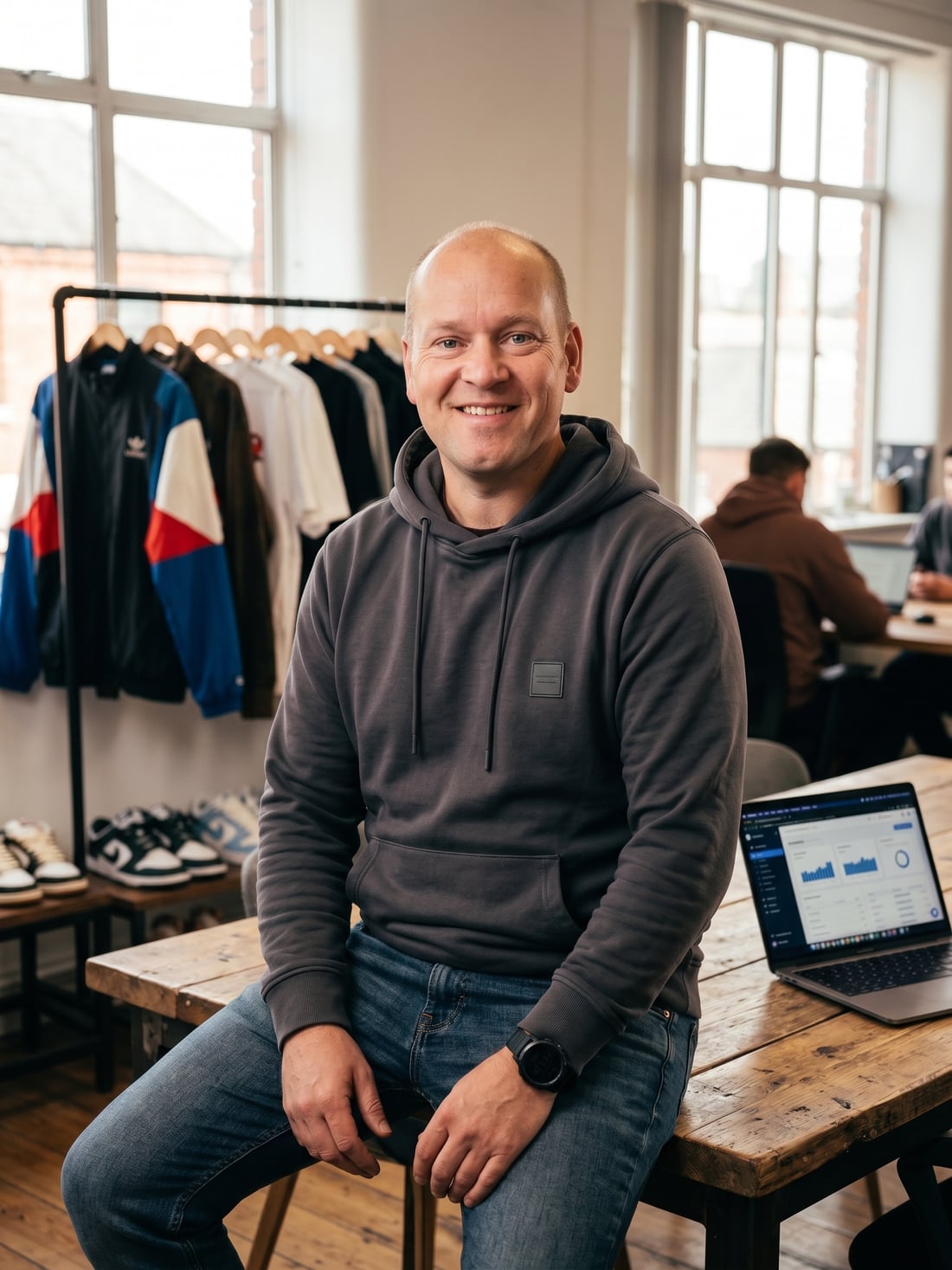 Phil Stott in a studio, sitting on a workbench, clothing rail and trainers behind him and a laptop open on an analytics dashboard